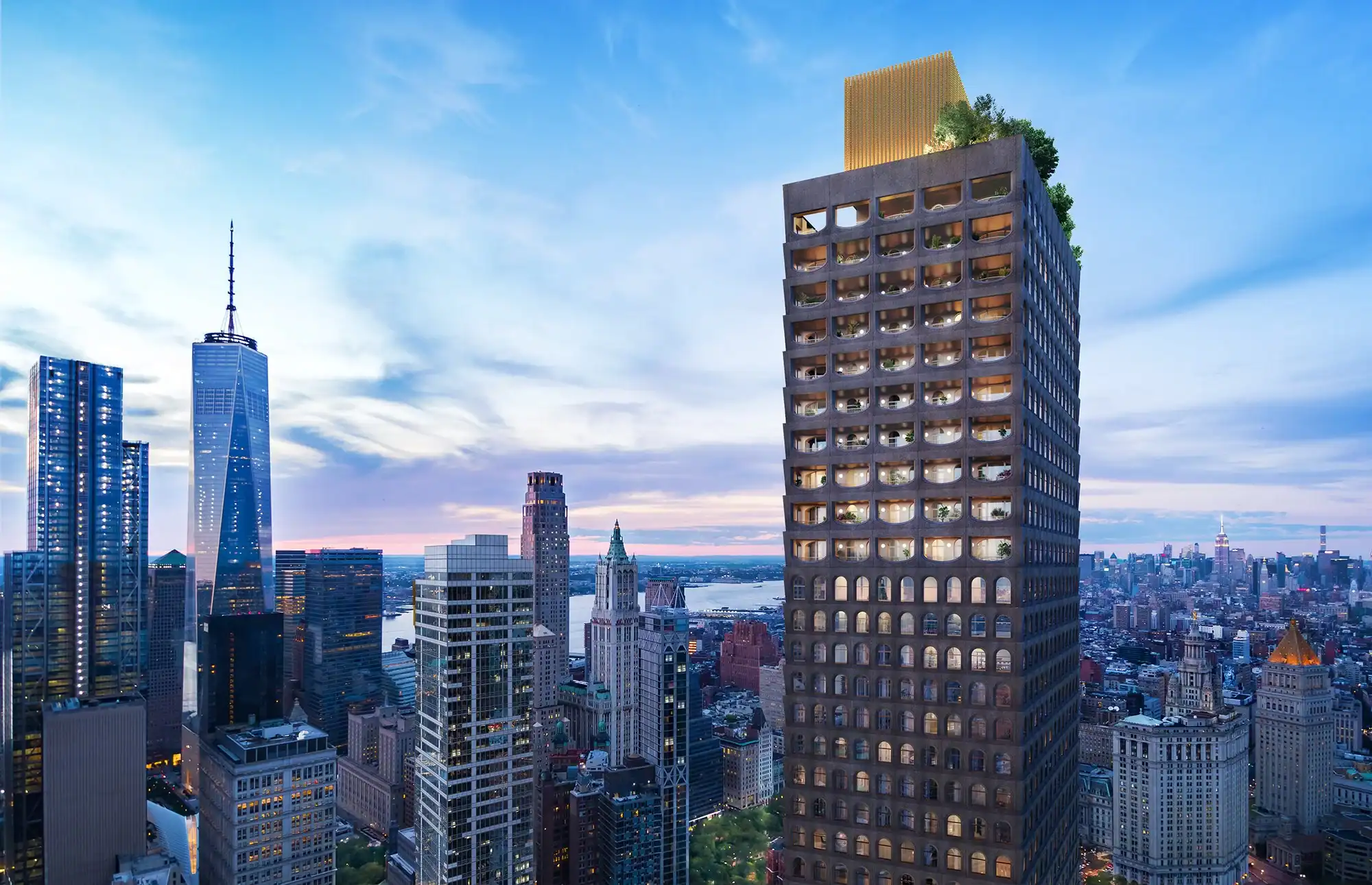 130 William by Adjaye Associates rising above the Lower Manhattan skyline — the 66-storey hand-cast concrete and bronze tower distinguishing itself from the surrounding glass buildings of the Financial District