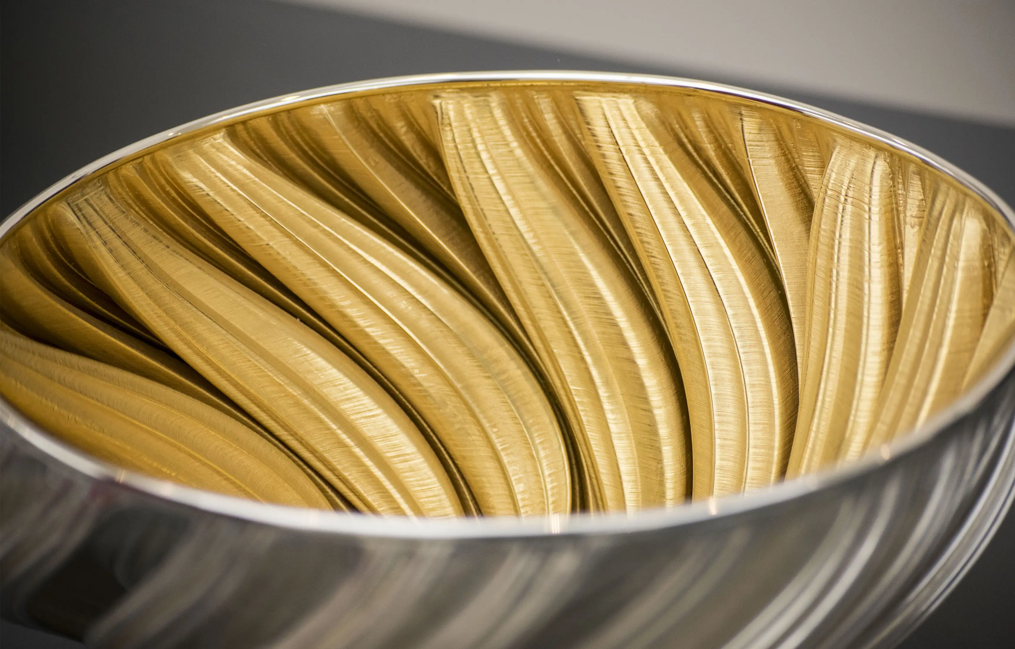 Gold-lined pleated bowl on display at Collect 2018, Saatchi Gallery