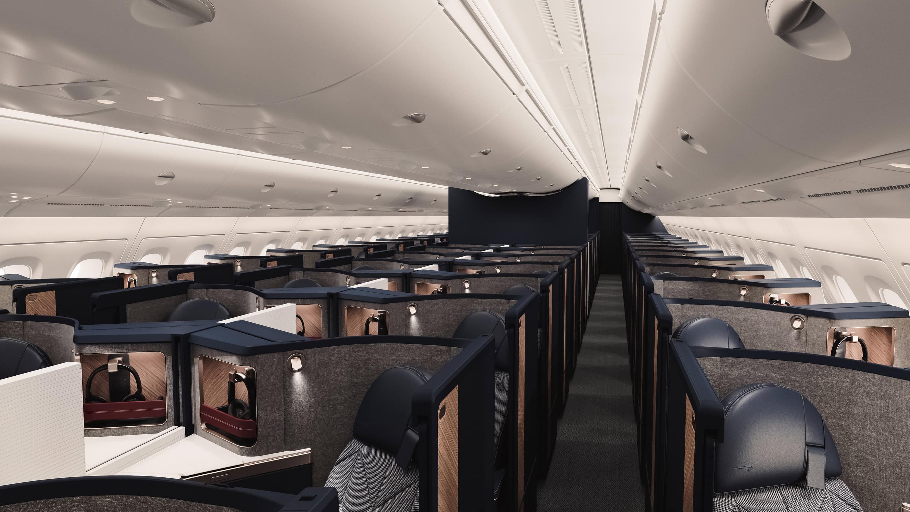 The British Airways A380 Club World cabin, 106 Club Suites filling the whole upper deck in navy and grey.